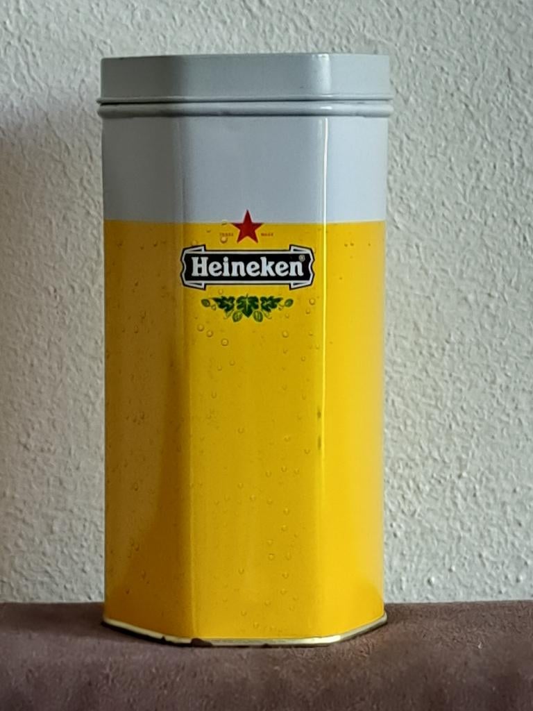 Te koop: Heineken bierglasblikje met origineel glas!, Verzamelen, Blikken, Ophalen, Gebruikt, Koek(jes), Overige merken