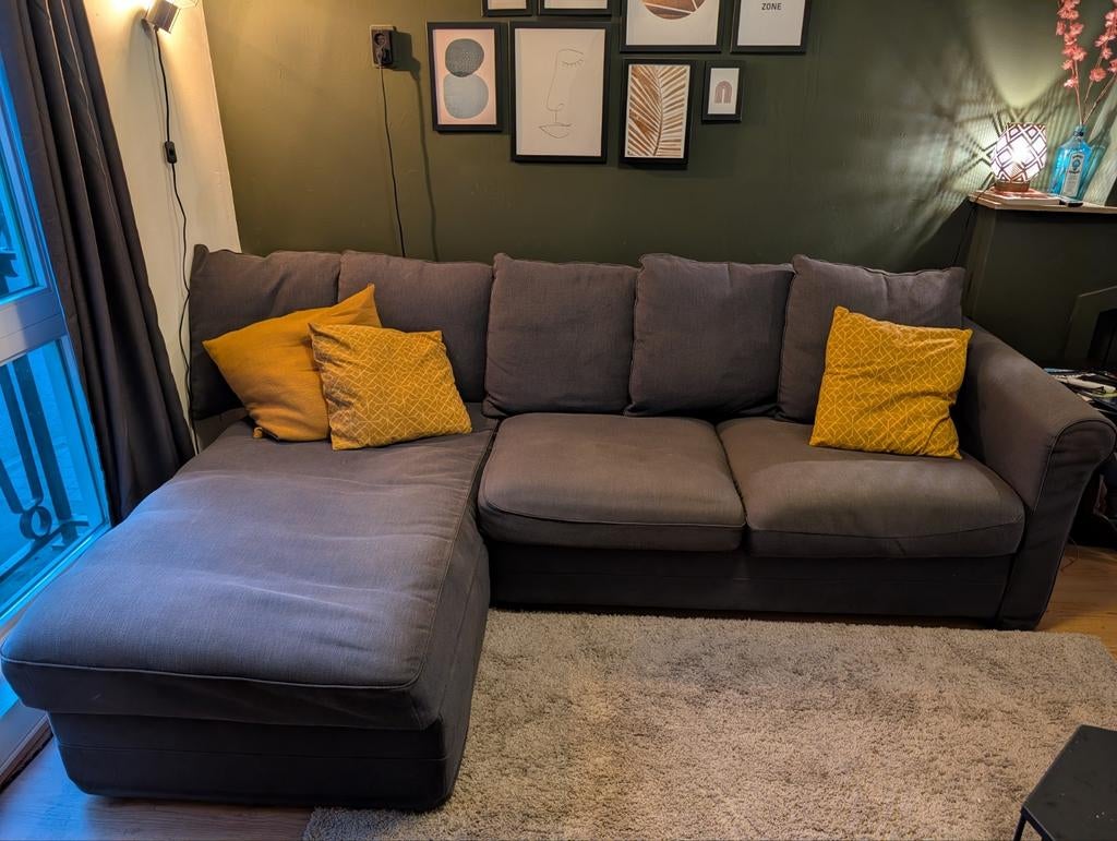 IKEA GRÖNLID 3-zits hoekbank met 5 rugkussens grijs, Ophalen, Modern, Comfortabel, 250 tot 300 cm, Gebruikt