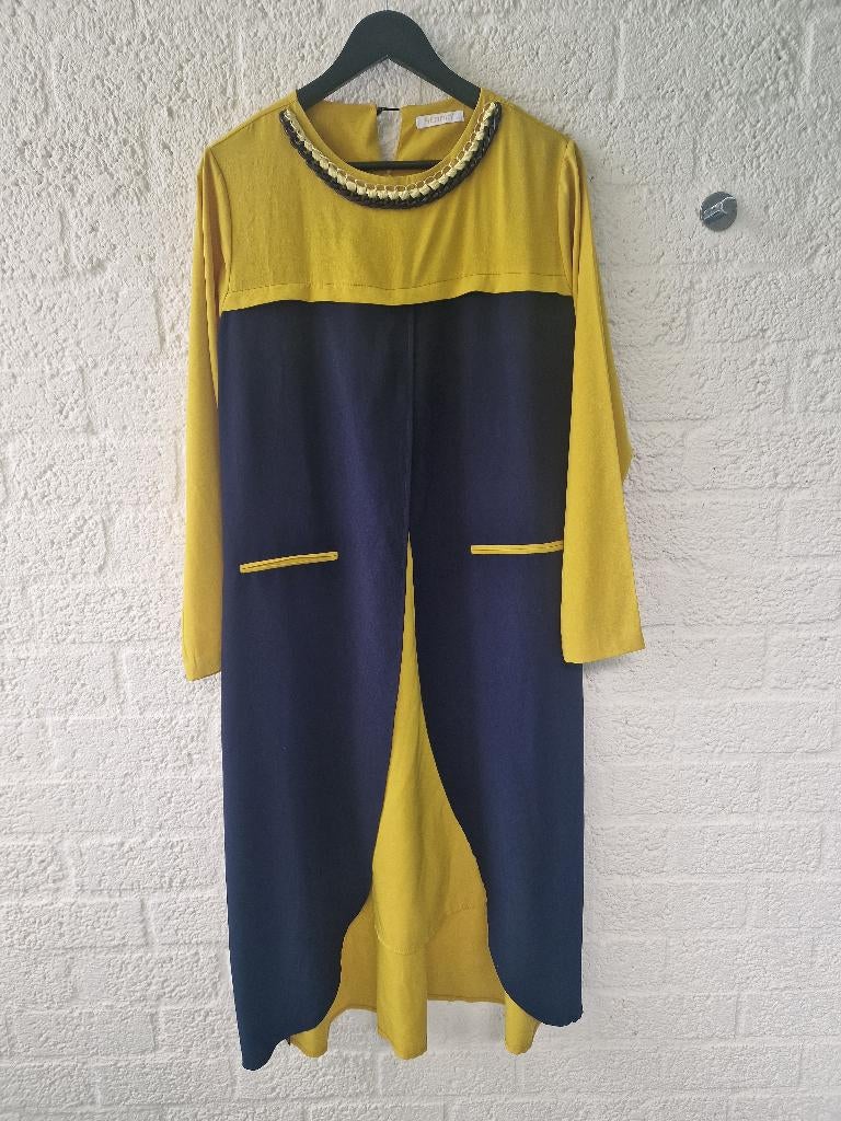 Tuniek jurk maat 48 chic geel blauw ketting, Kleding | Dames, Grote Maten, Ophalen of Verzenden, Zo goed als nieuw, Blauw, Jurk