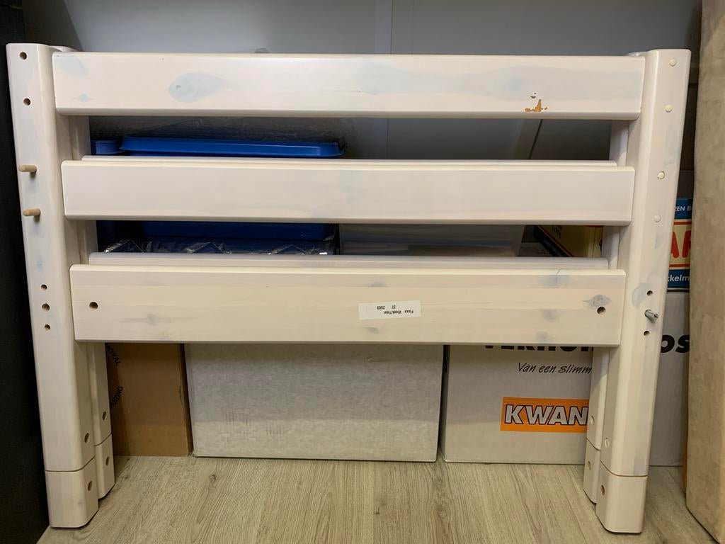 Flexa Verhoogd Bed 90x200 met 4 Paarse Laden, Ophalen, 85 tot 100 cm, Gebruikt, Hoogslaper of Stapelbed