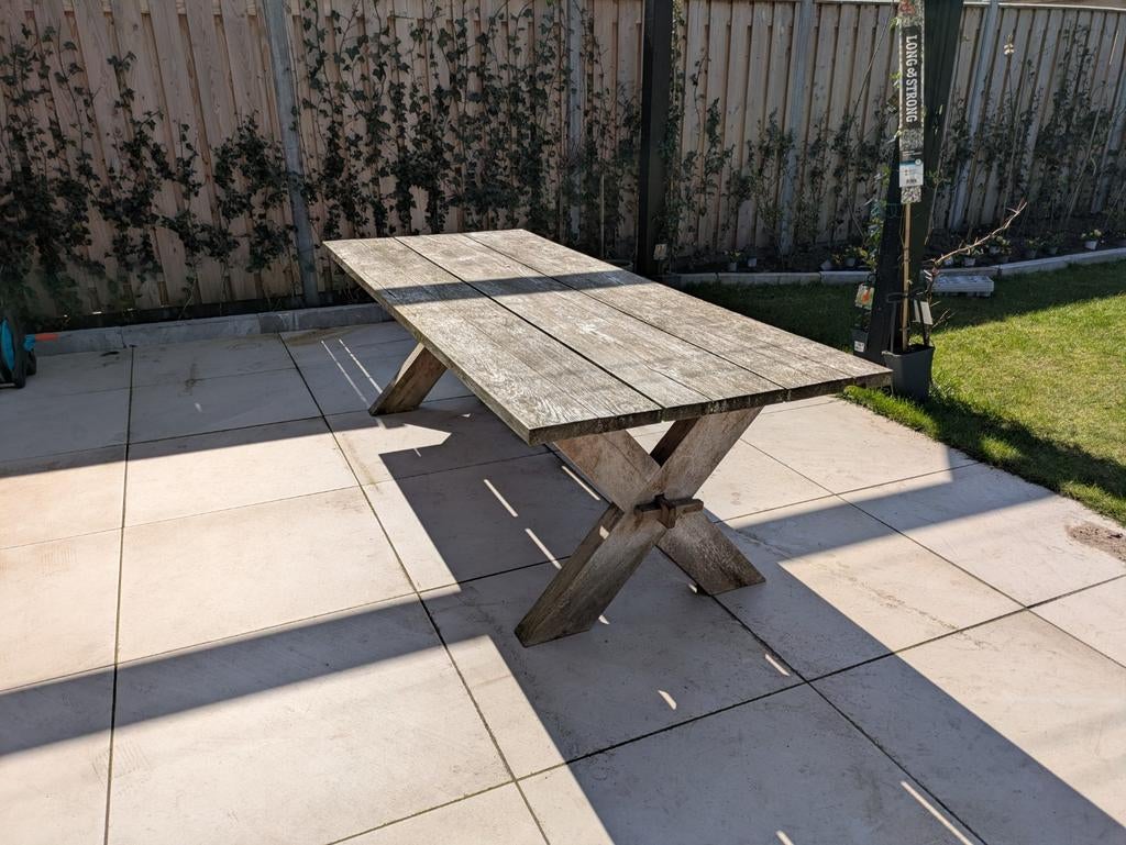 Stevige teakhouten tuintafel 250x99 cm, Tuin en Terras, Tuintafels, Ophalen, Gebruikt, Rechthoekig, Teakhout