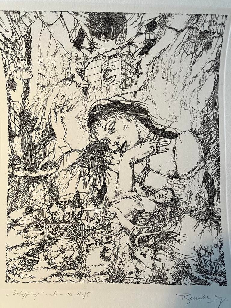 Ronald Ergo ets "Schepping" 1986, Antiek en Kunst, Kunst | Etsen en Gravures, Ophalen of Verzenden