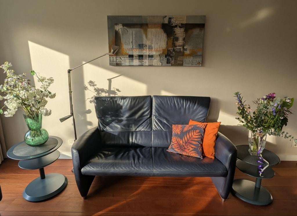 Jori 2-zitsbanks leer donkerblauw., Ophalen, Gebruikt, 150 tot 200 cm, Tweepersoons