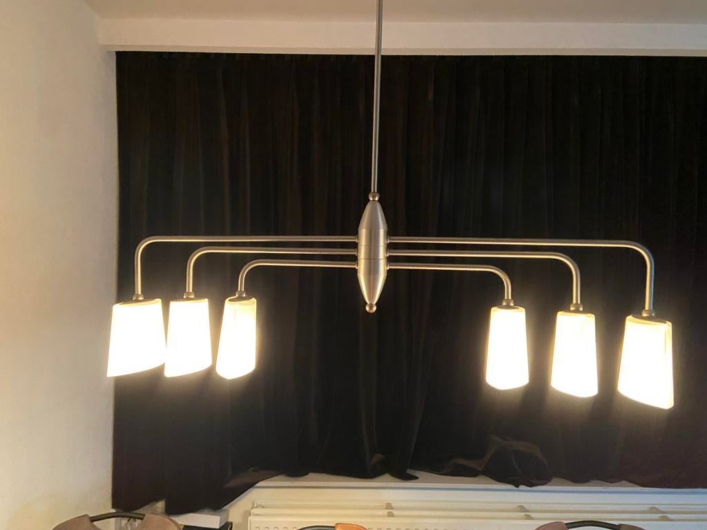 Moderne hanglamp met 6 kappen, Ophalen of Verzenden, Gebruikt, Metaal, 75 cm of meer