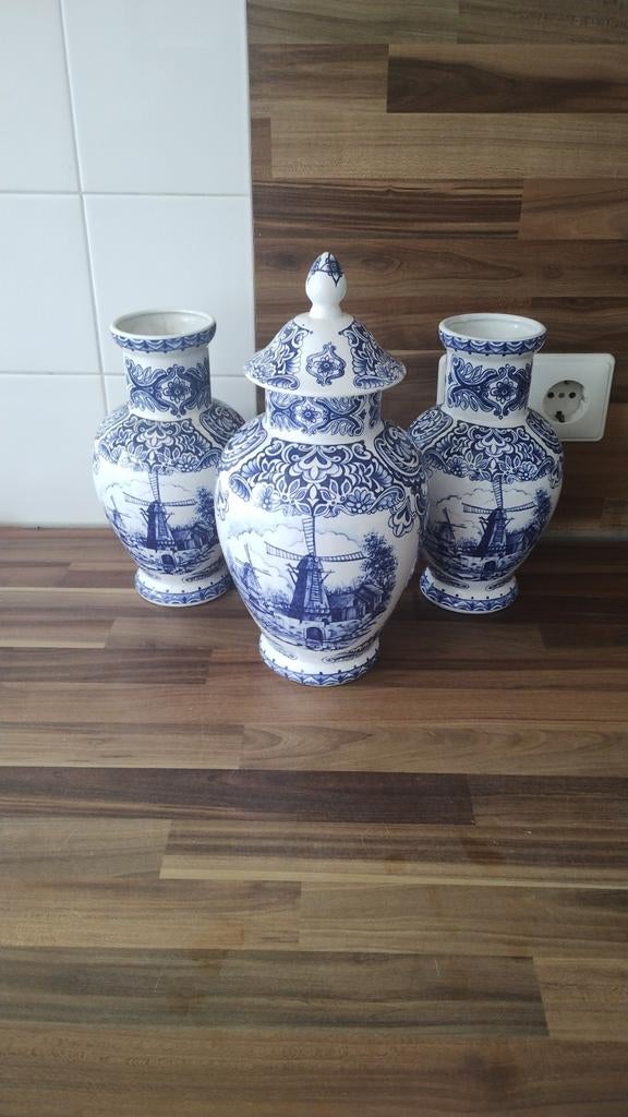 Set van 3 Delfts Blauwe Vazen met Molen Decor, Ophalen
