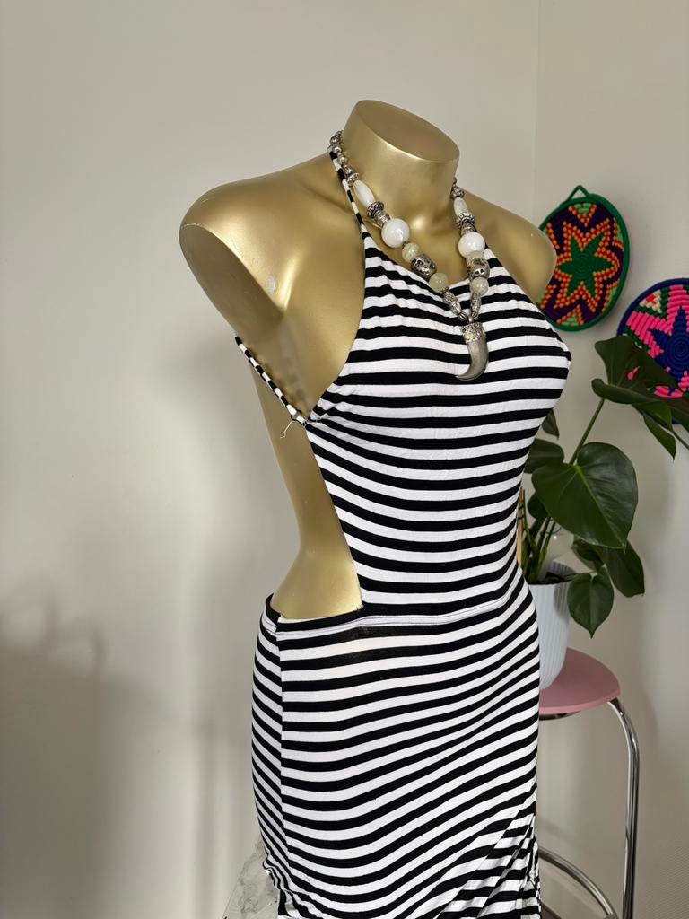 Gestreepte halter midi jurk met open rug, Wit, Ophalen of Verzenden, Zo goed als nieuw, Maat 36 (S)