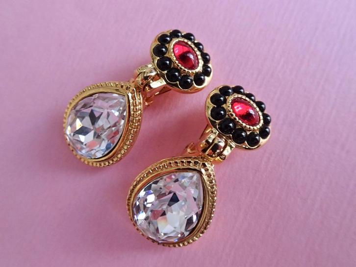 jwg Vintage 80 90s druppel oorbellen goud verguld glas steen, Sieraden, Tassen en Uiterlijk, Antieke sieraden, Oorbellen, Overige materialen