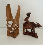 Indonesische houtsnijwerk man op waterbuffel  en vogels, Antiek en Kunst, Ophalen of Verzenden