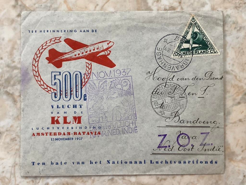 500e vlucht KLM Amsterdam-Batavia, 13 nov 1937., Postzegels en Munten, Verzenden, Envelop