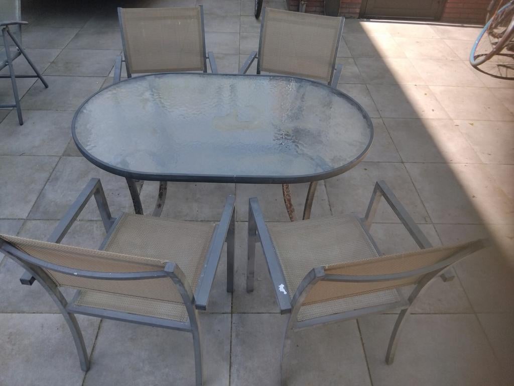 Ovale tuintafel alluminium glas en stoelen los of als set, Ophalen of Verzenden, Gebruikt, Rechthoekig