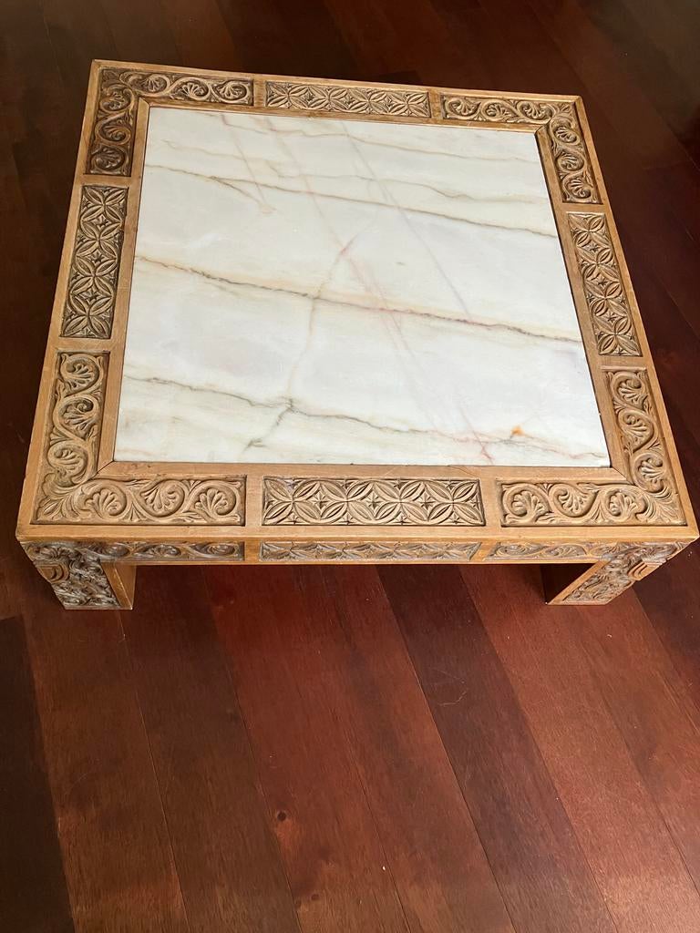 Hardhouten salontafel met marmeren blad, Gebruikt, 100 tot 150 cm, Vierkant, Minder dan 50 cm