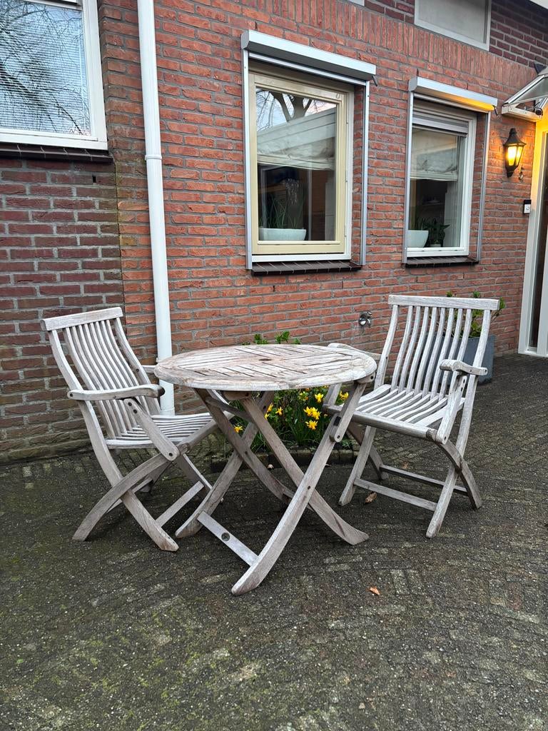 Tuinstoelen en tafel van hout, inklapbaar, Tuin en Terras, Tuinstoelen, Ophalen, Zo goed als nieuw, Hout, Inklapbaar