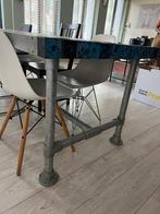 Robuuste tafel van steigerbuis en houten blad, Huis en Inrichting, Tafels | Eettafels, Ophalen, Gebruikt, 100 tot 150 cm, 200 cm of meer