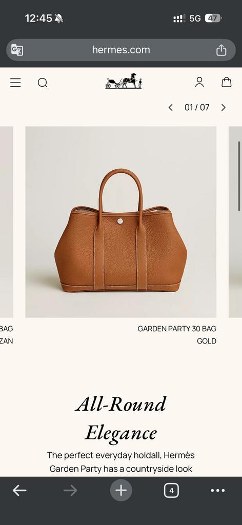 New Hermes Garden party 30 Gold, Ophalen, Zo goed als nieuw, 30 cm of meer, Minder dan 35 cm