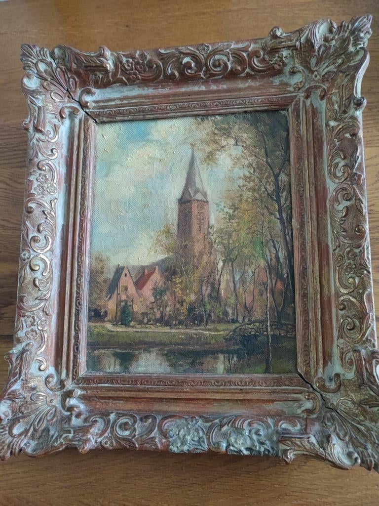 Oud schilderij met houten lijst., Antiek en Kunst, Kunst | Schilderijen | Klassiek, Ophalen of Verzenden
