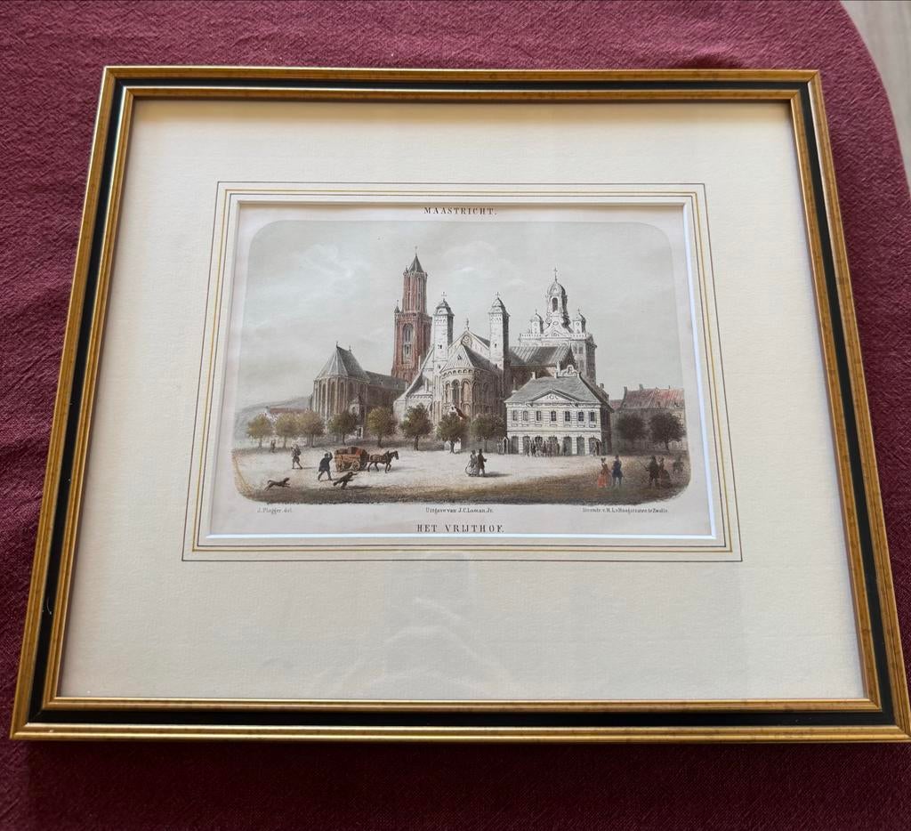 Antieke prent Maastricht Vrijthof inclusief lijst, Antiek en Kunst, Kunst | Etsen en Gravures, Verzenden
