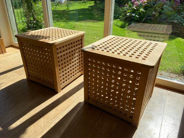 Twee houten opberg kisten bijzettafels, Ophalen, Minder dan 50 cm, 50 tot 100 cm, Zo goed als nieuw
