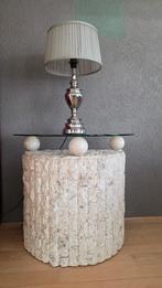 Fossil Stone bijzettafel - Halfrond B80xD40cm x H68cm, Fossiel steen / glas, Ophalen of Verzenden, 75 cm of meer, Overige vormen