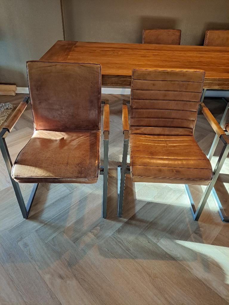Leren eetkamerstoelen (6 stuks), Huis en Inrichting, Stoelen, Ophalen, Gebruikt, Bruin, Vijf, Zes of meer stoelen