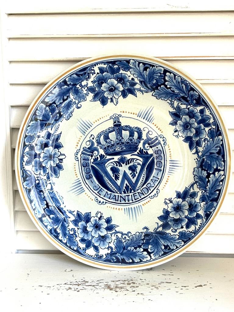 Antiek Porceleyne Fles wandbord blauw wit Wilhelmina, Antiek en Kunst, Antiek | Wandborden en Tegels, Ophalen