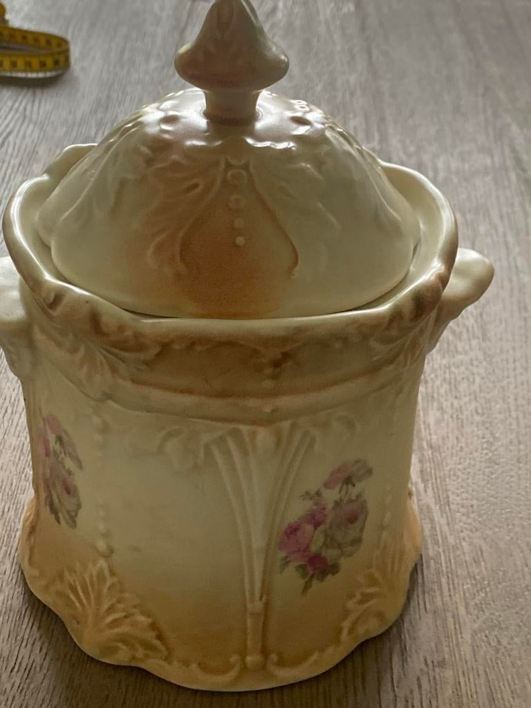 Oude Brocante Pot met Deksel - Crèmekleurig met Rozen, Ophalen of Verzenden