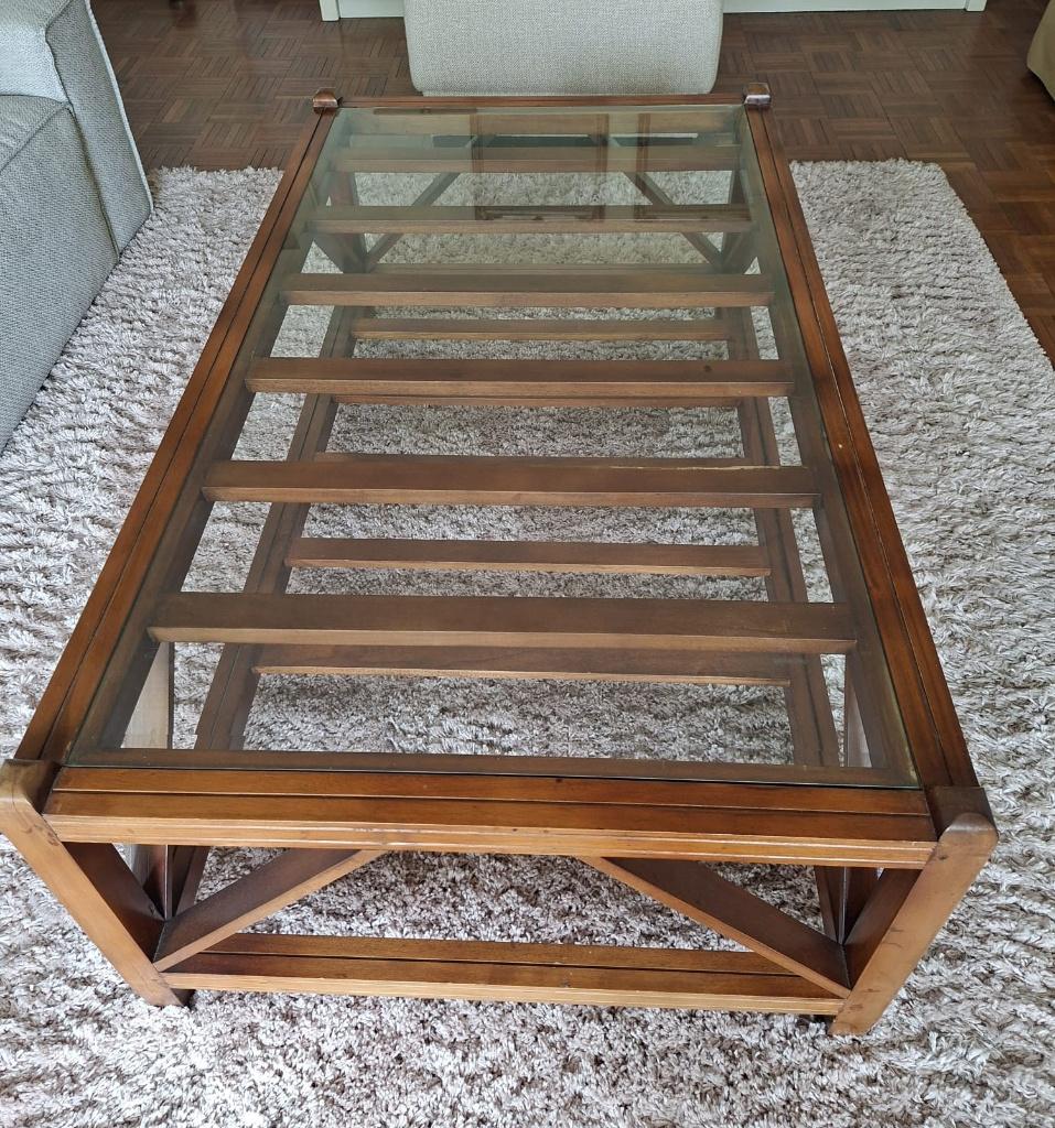 Massief houten salontafel met glasplaat, Ophalen, Gebruikt, 100 tot 150 cm, Glas