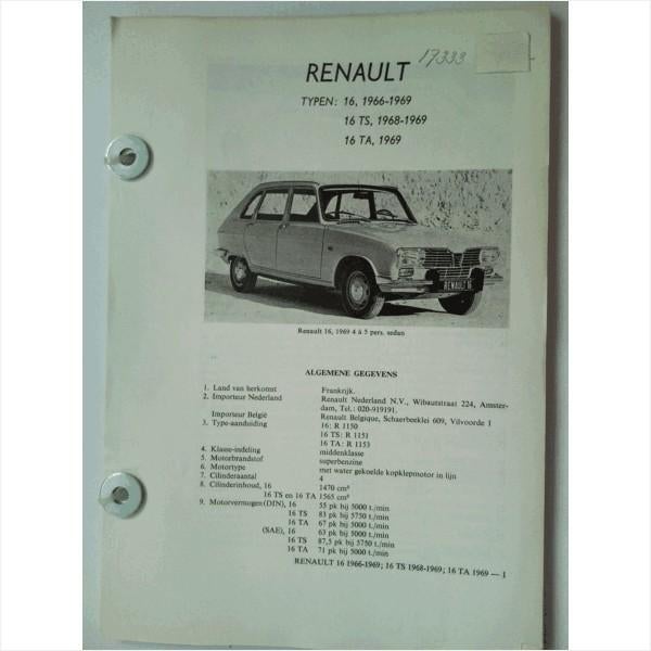 Renault 16 Vraagbaak losbladig 1966-1969 #1 Nederlands, Boeken, Auto's | Boeken, Ophalen of Verzenden, Gelezen, Renault