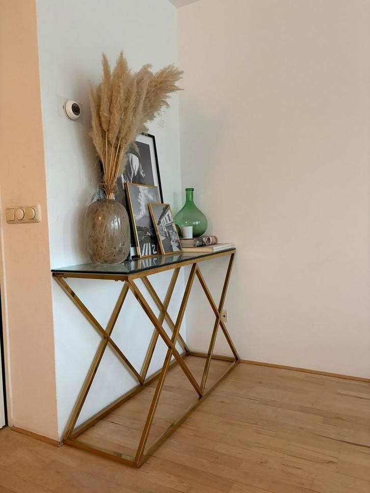 Glazen tafel met gouden onderstel, Huis en Inrichting, Tafels | Sidetables, Zo goed als nieuw, 25 tot 50 cm, 100 tot 150 cm, Rechthoekig