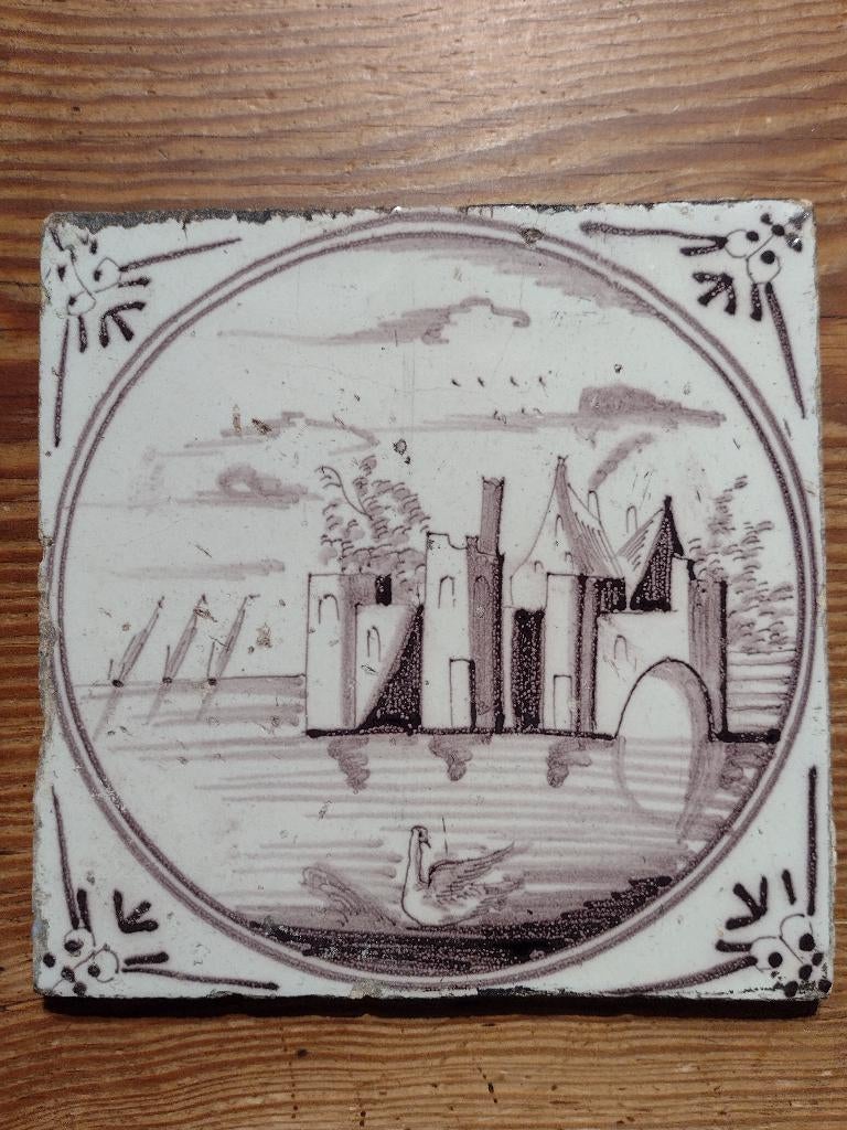 antieke mangaan tegel met landschapsmotief / ossekophoeken, Antiek en Kunst, Antiek | Wandborden en Tegels, Ophalen