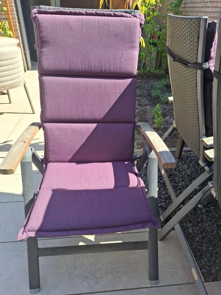 Jutlandia tuinset: tafel (160x100) met 4 stoelen + kussens, Ophalen, Gebruikt, Tuinset, Eettafel