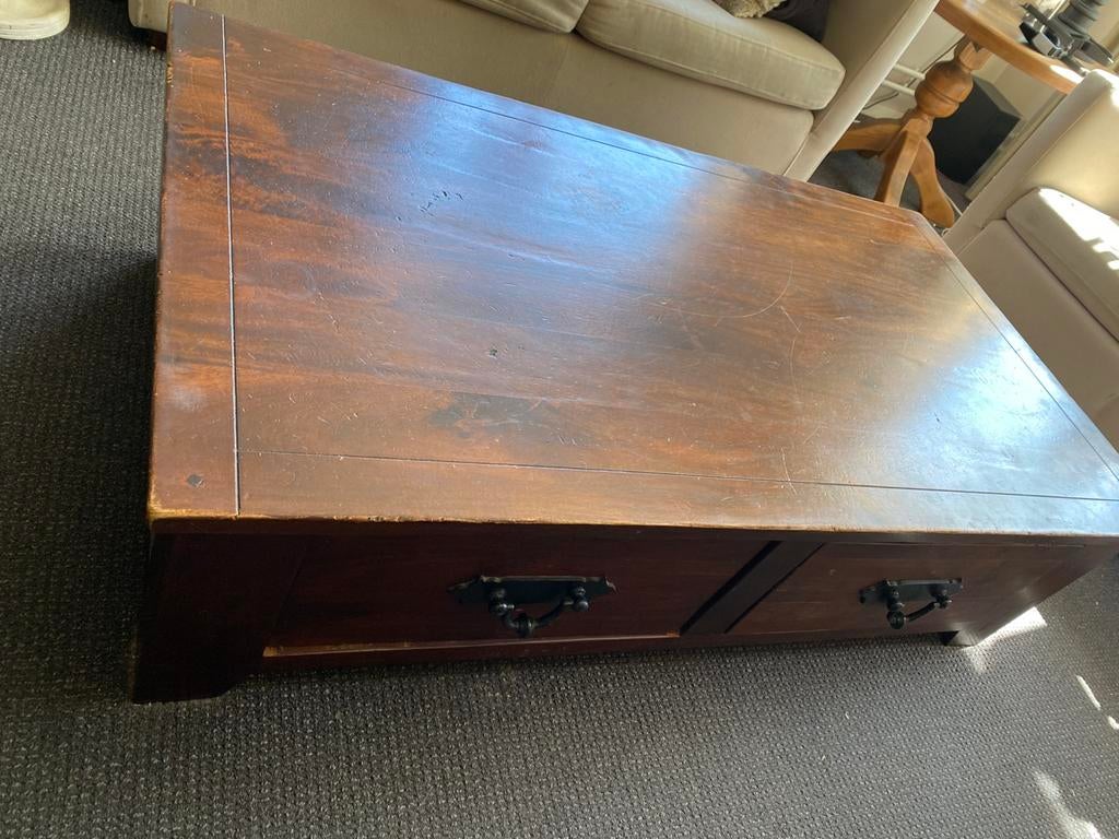 Teak houten salontafel met bijzettafel, Ophalen, Gebruikt, 100 tot 150 cm, Teakhout