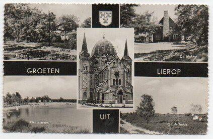 Groeten uit Lierop oa blokhut scouting en kerk 1961, Verzamelen, Ansichtkaarten | Nederland, Ophalen, 1960 tot 1980, Gelopen, Noord-Brabant