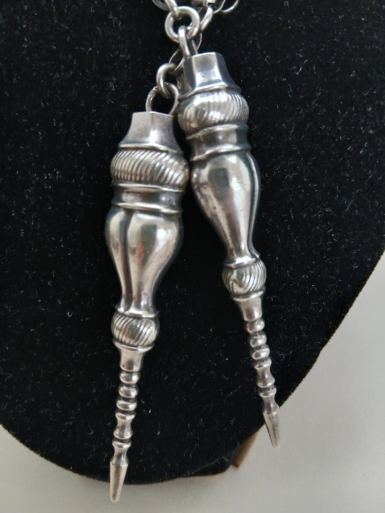 Unieke Lange Zilveren Jassaron Ketting met Breidoppen, Ophalen of Verzenden