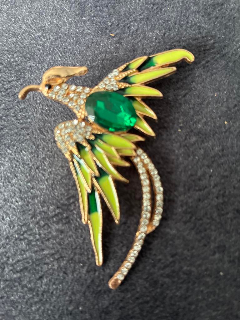 Elegante Broche Vogel met Groene Steen en Strass, Overige materialen, 4 tot 7 cm, Ophalen of Verzenden, Zo goed als nieuw