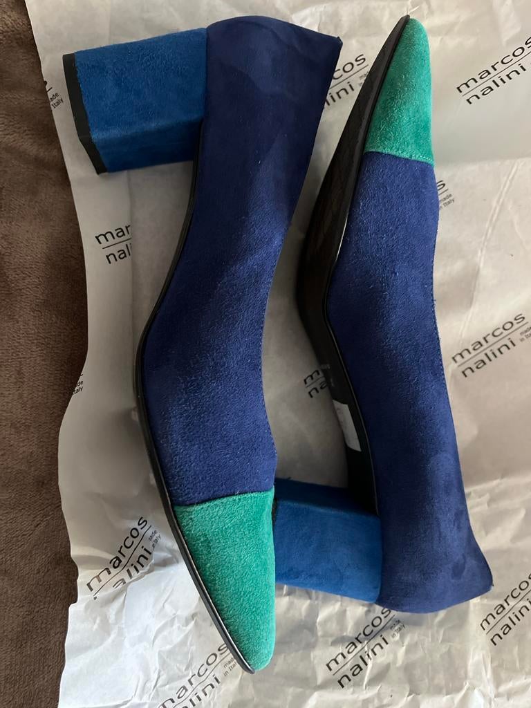 Marcos Nalini suède pumps blauw/groen, Ophalen of Verzenden, Zo goed als nieuw, Blauw, Pumps