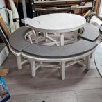 Ronde kaarttafel l met 4  banken - 1.20m doorsnede, Ophalen of Verzenden, Gebruikt, Rond, Hout