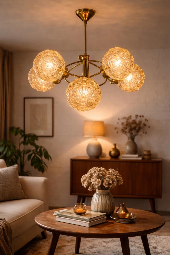 Vintage jaren 70 spoetnik hanglamp messing amber glas top, Ophalen of Verzenden, Zo goed als nieuw, Glas