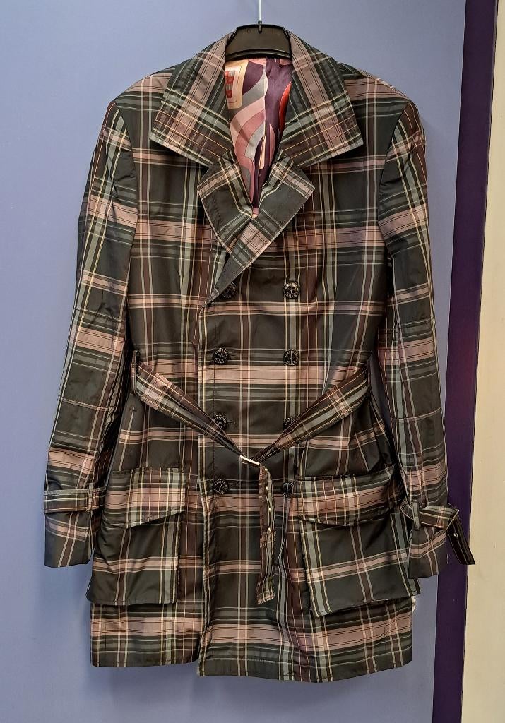 Hans Ubbink tussen jas lila/zwart geruit trenchcoat L 43672, Hans Ubbink, ., Maat 42/44 (L), Ophalen of Verzenden