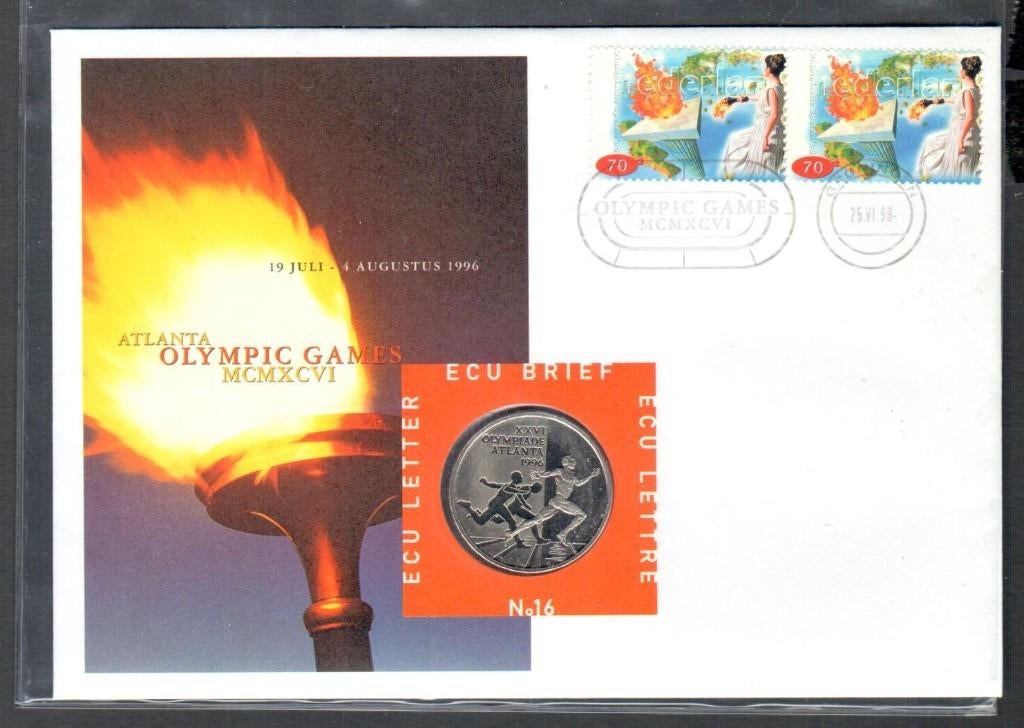 Penning - Ecu Brief 16 Olympische Pelen 1996, Postzegels en Munten, Penningen en Medailles, Ophalen of Verzenden, Overige materialen
