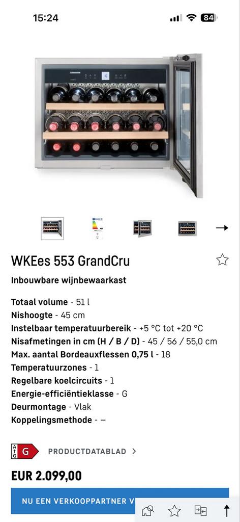 Liebherr WKEes 553 GrandCru inbouw wijnkoelkast, Witgoed en Apparatuur, Koelkasten en IJskasten, Ophalen, Minder dan 85 cm, Minder dan 75 liter