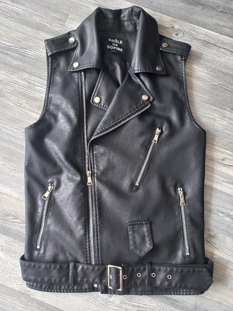 Dames bikerjack  / gilet / jasje leatherlook zwart, Kleding | Dames, Jasjes, Kostuums en Pakken, Zwart, Ophalen of Verzenden, Zo goed als nieuw