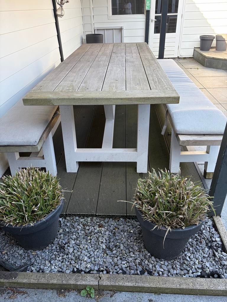 Robuuste picknicktafel 260 cm met kussens, Tuin en Terras, Picknicktafels, Ophalen, Gebruikt, Rechthoekig, Hout
