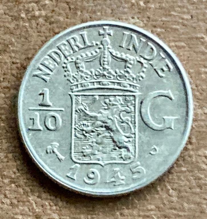 Zilveren 1/10 Gulden / dubbeltje Nederlands Indië 1945, Postzegels en Munten, Munten | Nederland, Losse munt, 10 cent, Koningin Wilhelmina