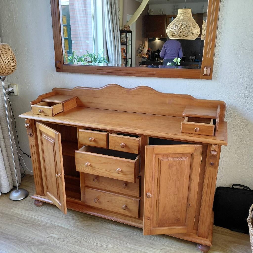 Buffetkast + bijpassende spiegel, Huis en Inrichting, Gebruikt, 150 tot 200 cm, Minder dan 100 cm, Grenenhout