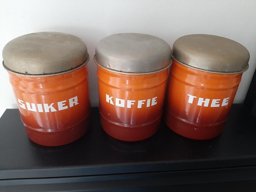 Vintage voorraadpotten: Suiker, Koffie, Thee, Gebruikt, Ophalen of Verzenden, Voorraadpot, Metaal