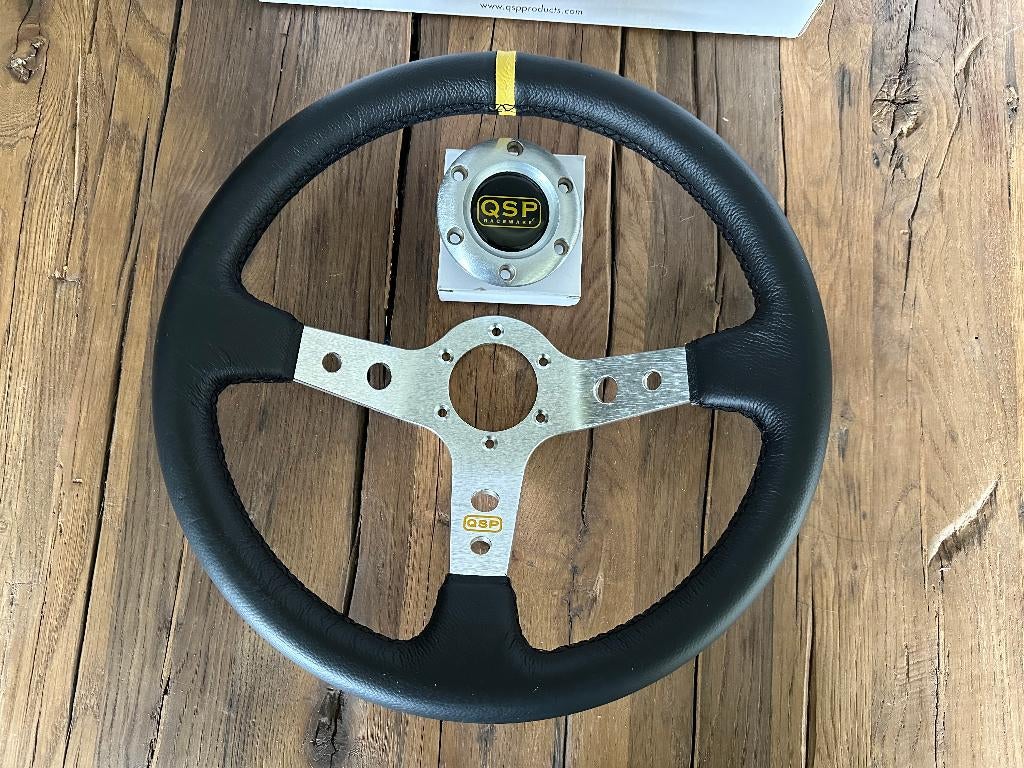 QSP 350mm 90mm leder zilver sportstuur autostuur stuur, Ophalen of Verzenden