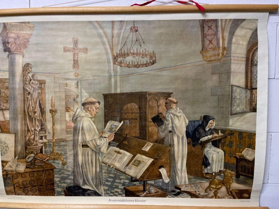 Schoolplaat 8. In een middeleeuws klooster, Antiek en Kunst, Antiek | Schoolplaten, Ophalen of Verzenden, Geschiedenis