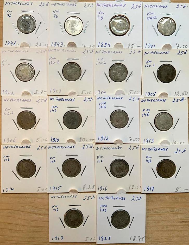 Nederland 25 Cent 1848/1925 18 verschillende zilver, Postzegels en Munten, Munten en Bankbiljetten | Verzamelingen, Munten, Nederland