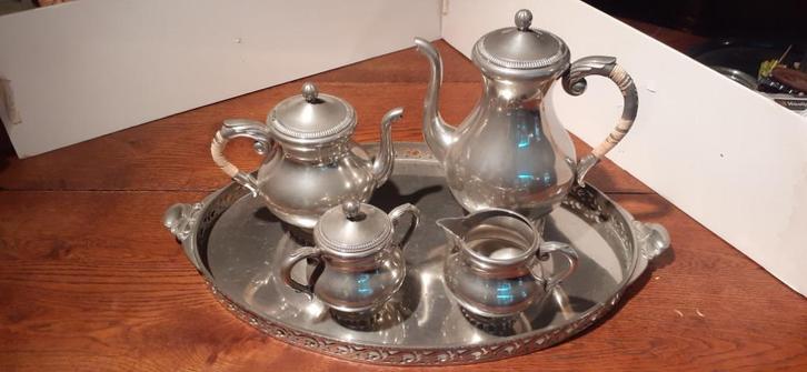 Tinnen thee en koffieservies op dienblad, Antiek en Kunst, Antiek | Tin, Ophalen of Verzenden