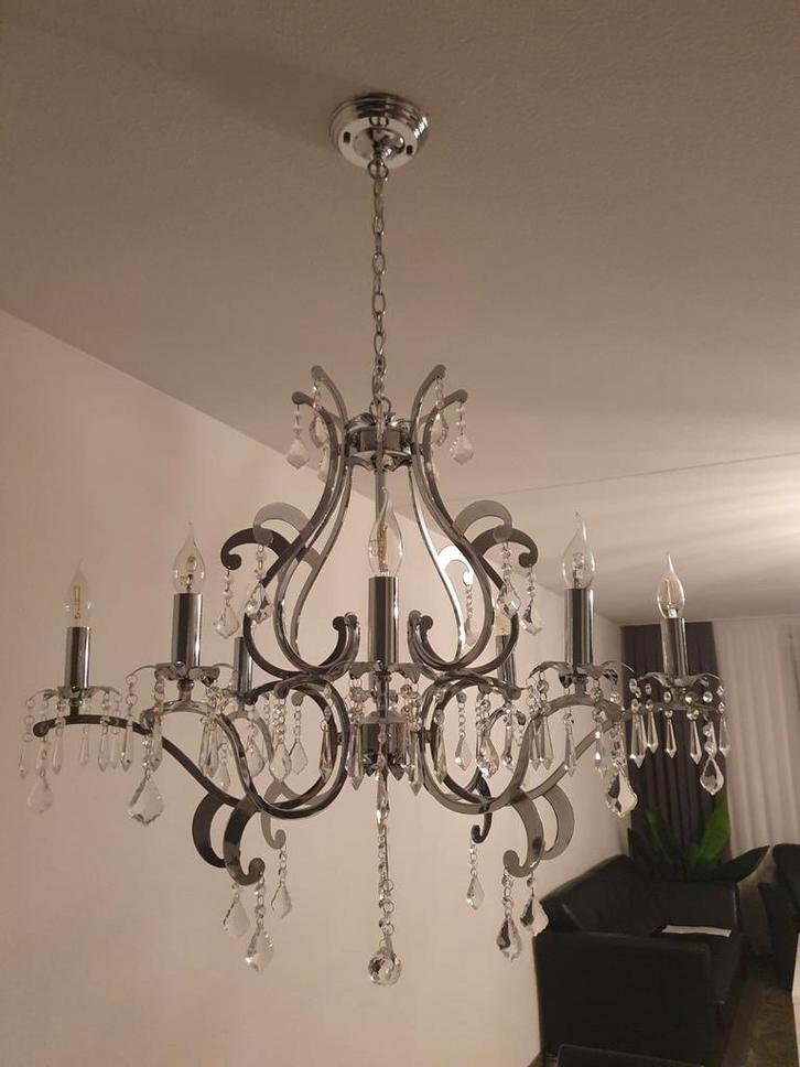 Echt Kristallen Kroonluchter - 8 Arms, Huis en Inrichting, Lampen | Kroonluchters, Zo goed als nieuw, Glas, Metaal, Ophalen